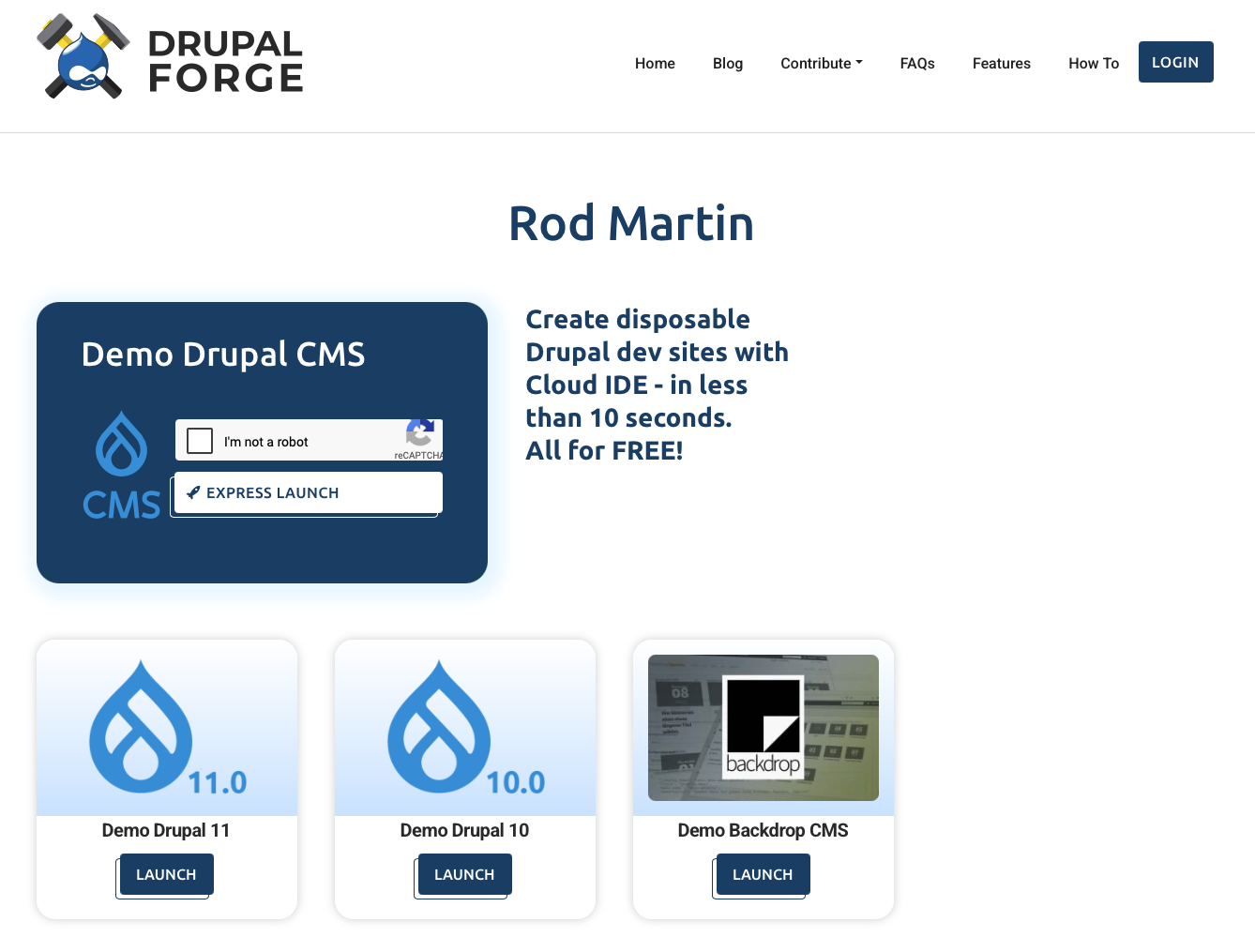 Drupal Forge webpage with demo launch options and logos.