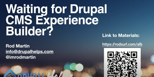 Waiting for Drupal CMS Experience Builder, with contact info and QR code.